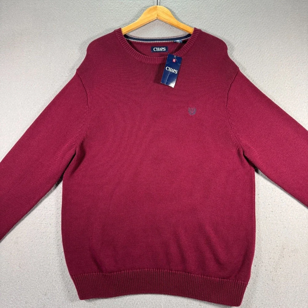 Chaps Iconic Crew Knit‎ Sweater Mens XL Wine Red Crest Comfort Grandpa Trendy